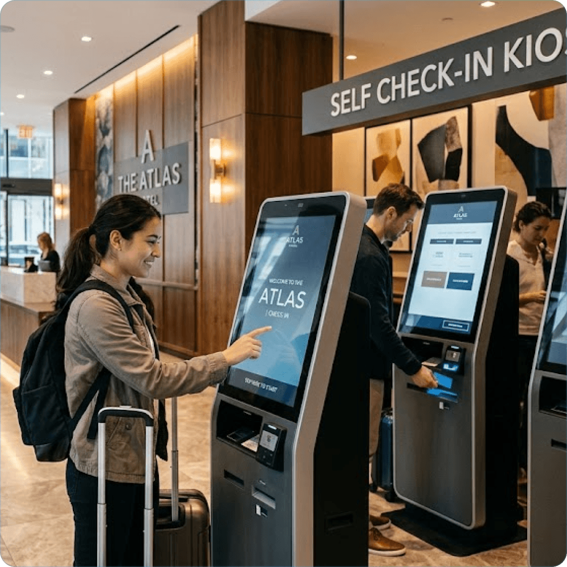 Guest using a self check-in kiosk in a hotel lobby