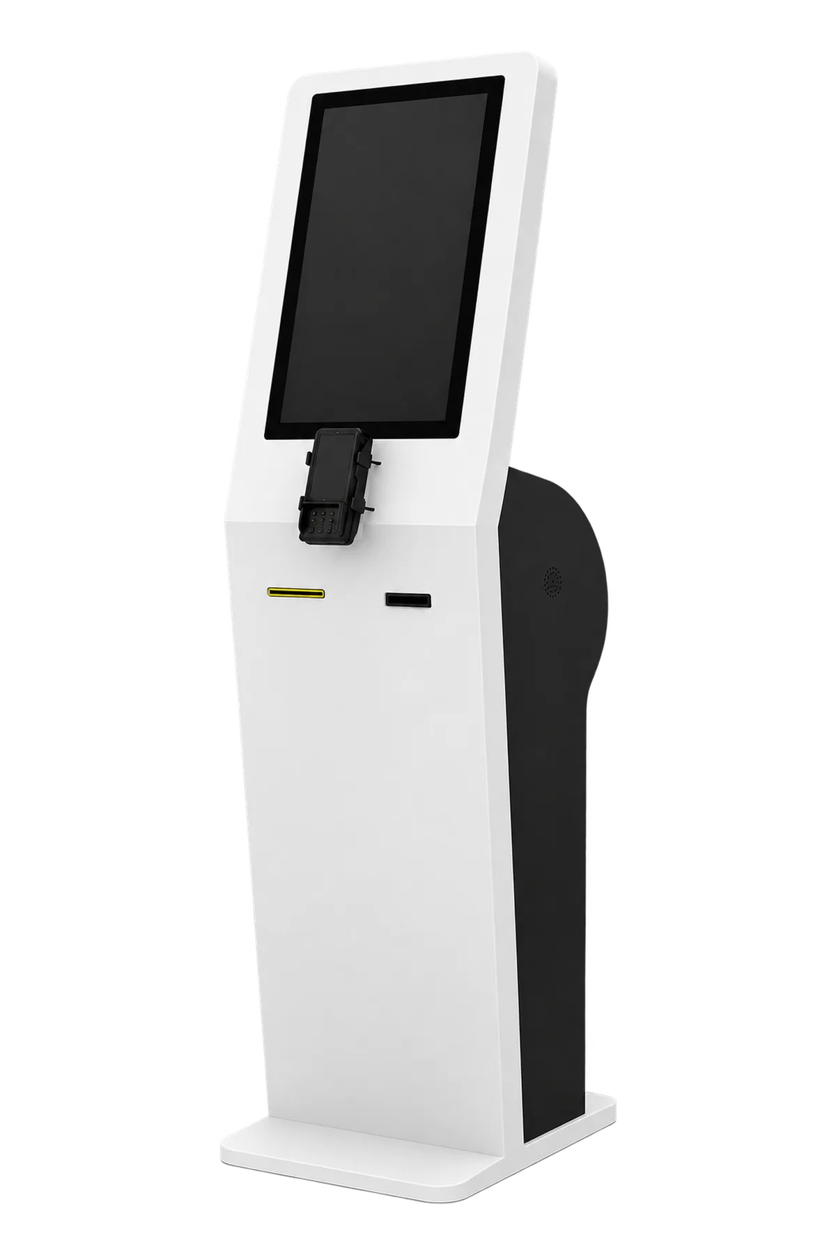 Crito Check-in Self-Check-in-Kiosk – schräge Ansicht mit Bildschirm, Kartenleser und Sockel