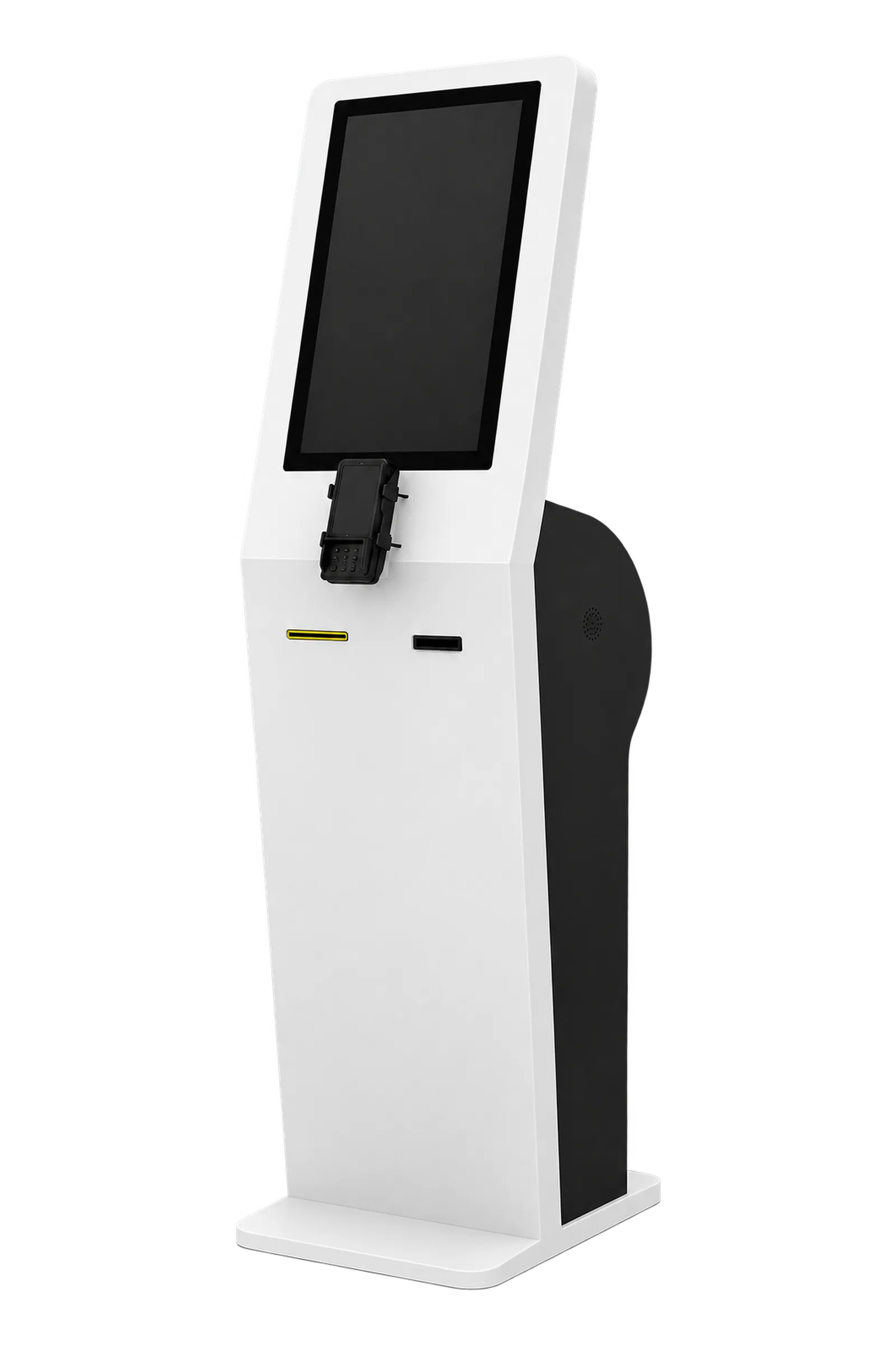 Crito Check-in Self-Check-in-Kiosk, schräge Ansicht mit Bildschirm, Kartenleser und Sockel