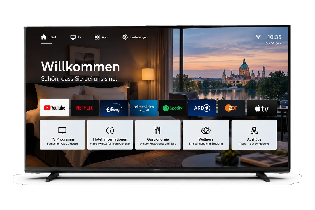 Nachgebauter Startbildschirm eines Philips Hospitality TV: Begrüßung des Hauses, Kacheln für TV-Programm, Hotelinformationen, Gastronomie, Wellness und Ausflüge sowie eine Reihe App-Kacheln
