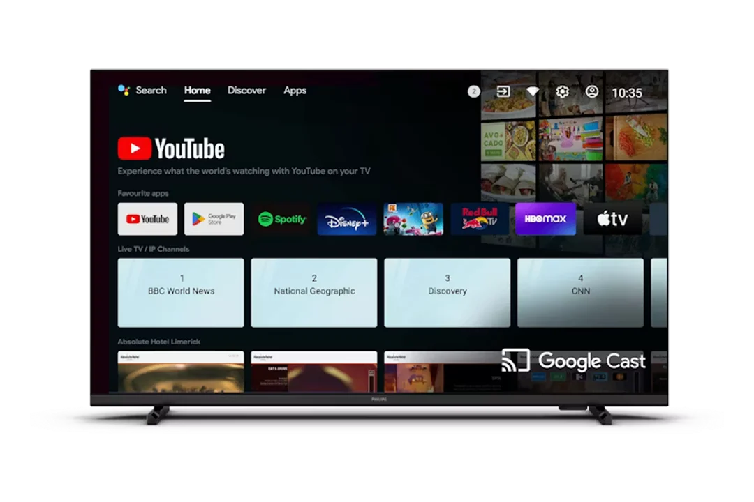 Home screen of a Philips Hospitality TV from the 4500 range with app tiles and a Google Cast badge