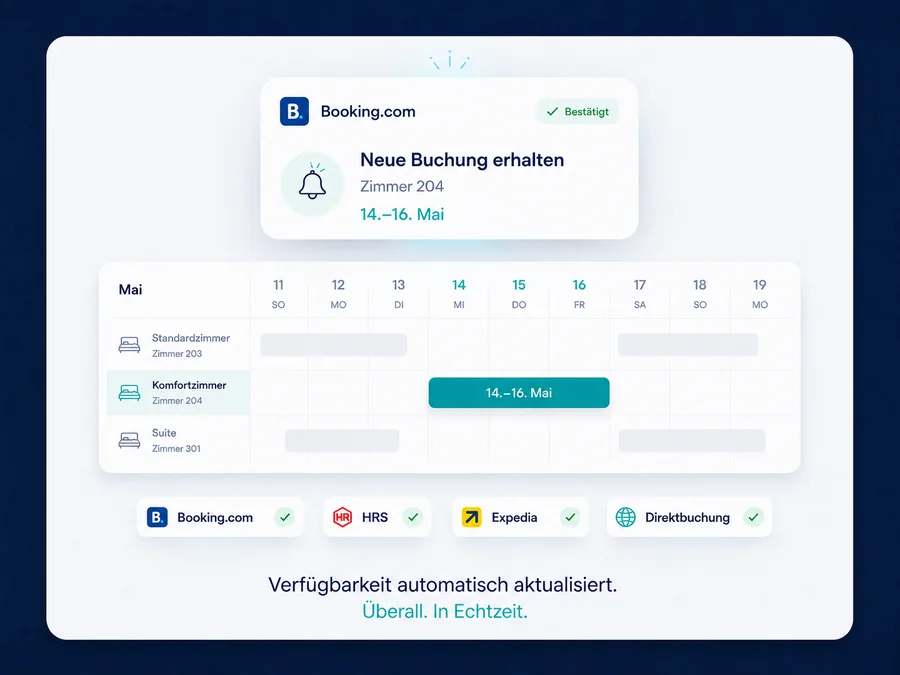Channelmanager-Ansicht: neue Buchung von Booking.com trifft ein, Kalender bleibt mit Booking.com, HRS, Expedia und Direktbuchung synchron