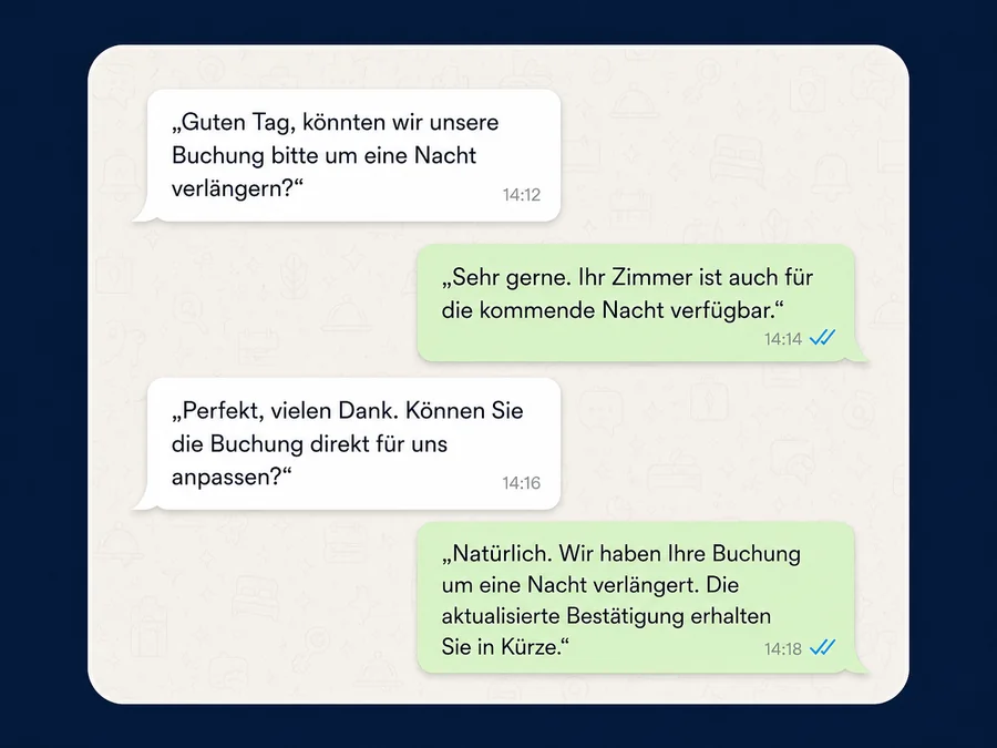 WhatsApp-Unterhaltung zwischen Gast und Hotel: Anfrage zur Verlängerung der Buchung wird direkt beantwortet und bestätigt
