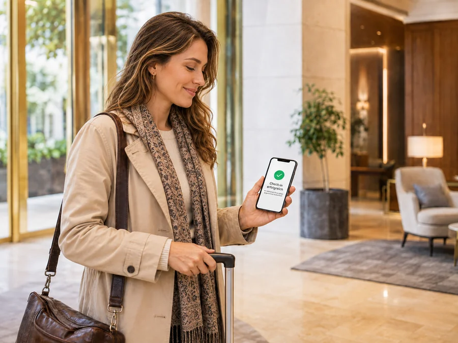 Gästin mit Gepäck in der Hotellobby, Smartphone zeigt „Check-in erfolgreich“