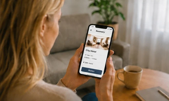 Gast prüft die Buchungsbestätigung für das City Hotel in der Roomery-App auf dem Smartphone