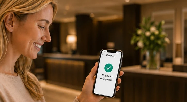 Gast schließt den Check-in per Smartphone am Kiosk ab, Bildschirm zeigt Check-in erfolgreich