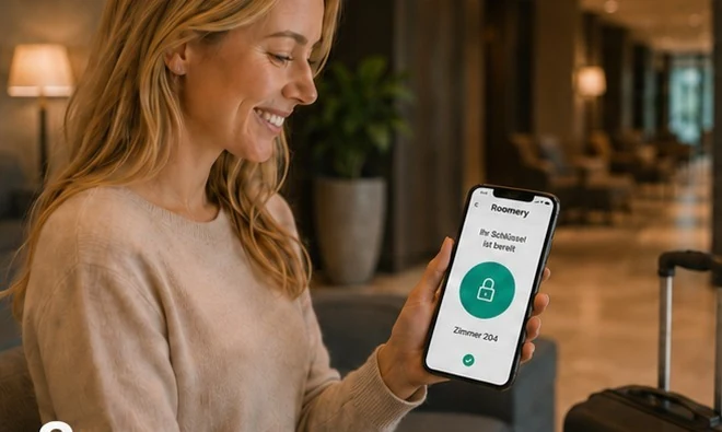 Gast erhält den digitalen Schlüssel für Zimmer 214 in der Roomery-App auf dem Smartphone